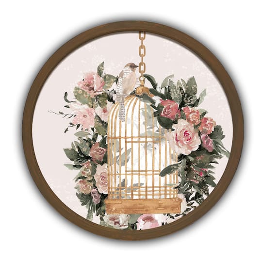 Vintage Floral Bird Cage Round Brown Framed Print